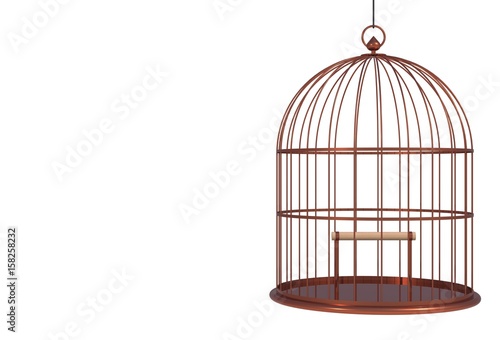 Empty bird copper cage Isolated on white background, 3D rendering