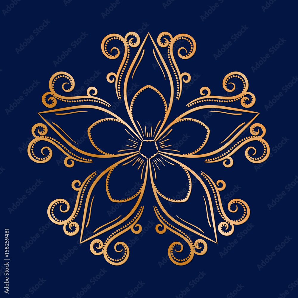 Large single flower. Golden ornament on blue Large single flower. Golden ornament on blue