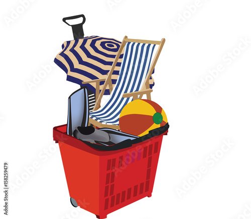 carrello da supermercato con oggetti di mare