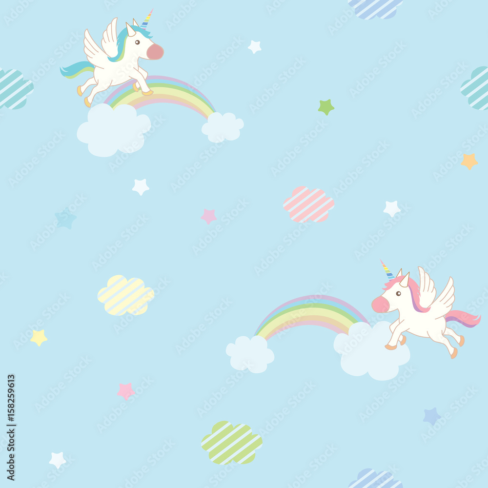 Illustration of unicorns with rainbow design to seamless pattern on blue background