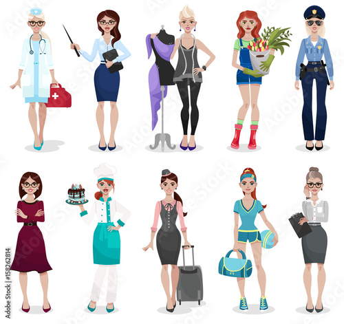 Set of different professions: doctor, teacher, fashion designer, florist, police officer, businesswoman, chef, stewardess, fitness trainer, secretary. Vector illustration isolated on white background.
