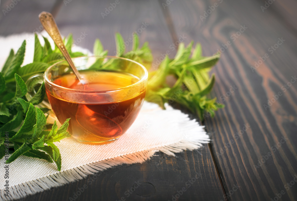 Cup of mint tea and a bunch of mint on the table Cup of mint tea and a bunch of mint on the table