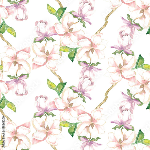 Watercolor magnolia  seamless pattern