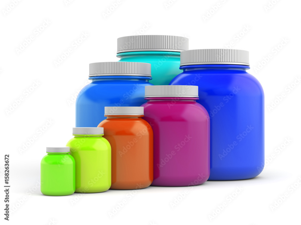 Colored jars with white lids - rainbow. 3d illustration Colored jars with white lids - rainbow. 3d illustration