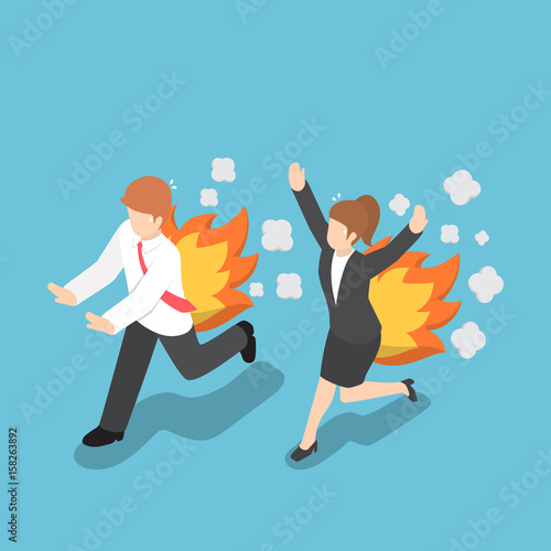 Isometric Businessman Running with Back on Fire
