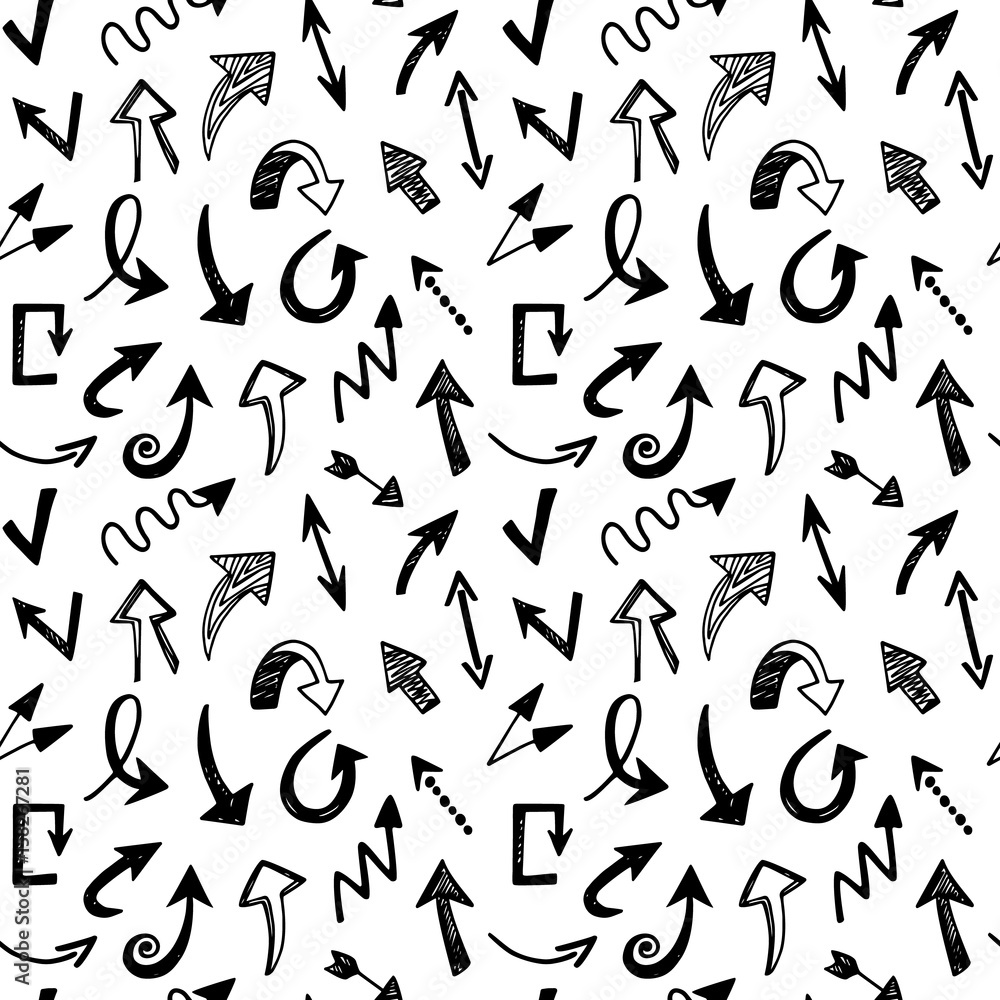 Seamless pattern with arrows, doodles icons set