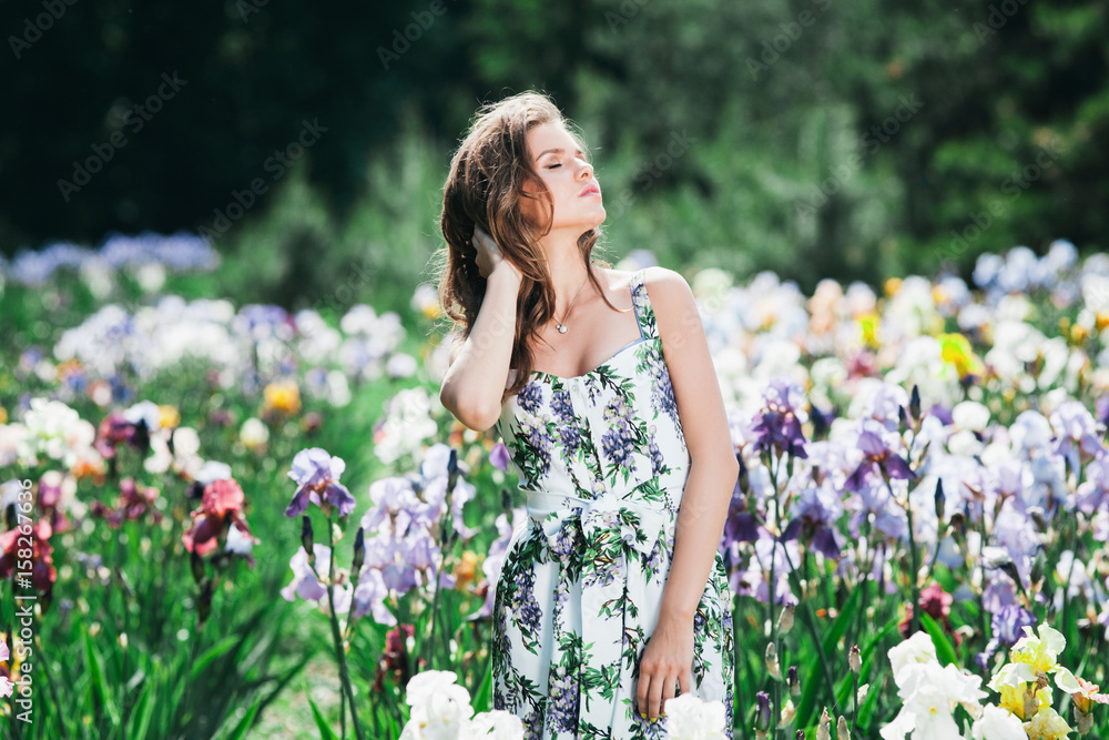 .Girl in white beautiful dress with flowers .Girl in white beautiful dress with flowers