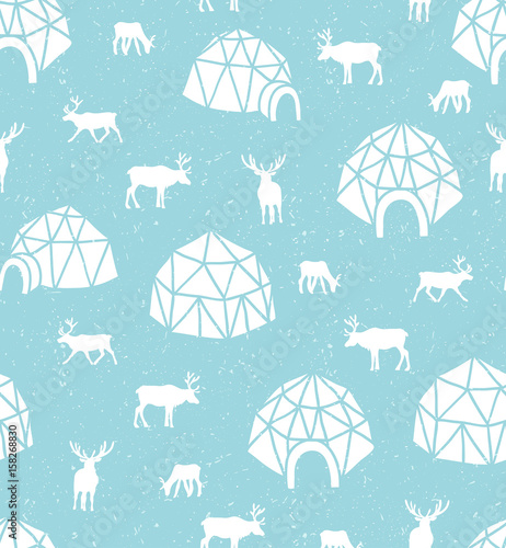 Vector seamless pattern with reindeer and igloo. Arctic blue surface design. Winter background.