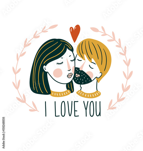 Valentine'S Day vector card. Lovely girl and boy kiss in scandinavian style with lettering - 'I love you'.