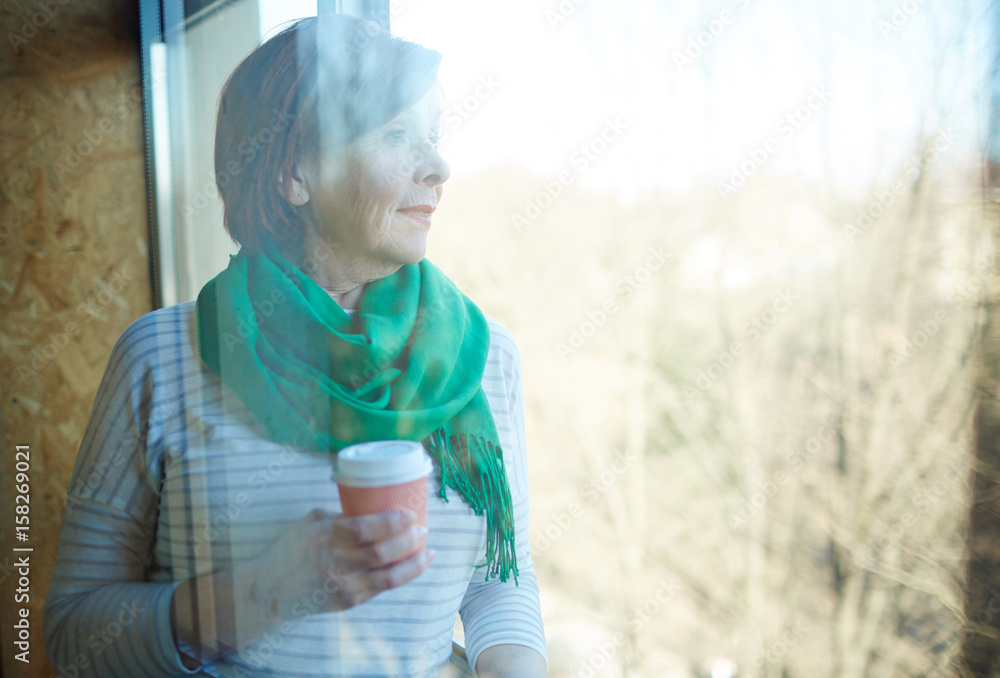 Serene female with glass of drink looking through window Serene female with glass of drink looking through window