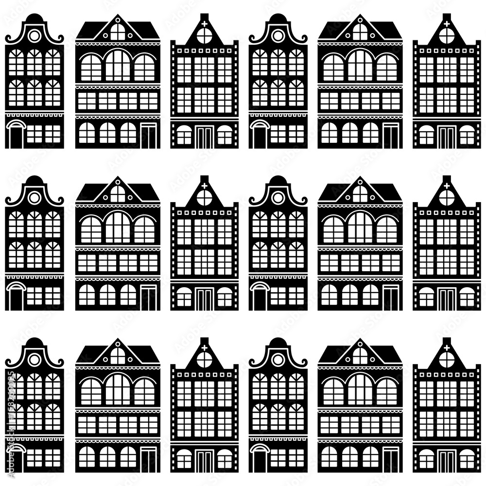 Seamless house pattern - Dutch, Amsterdam houses, retro style
 