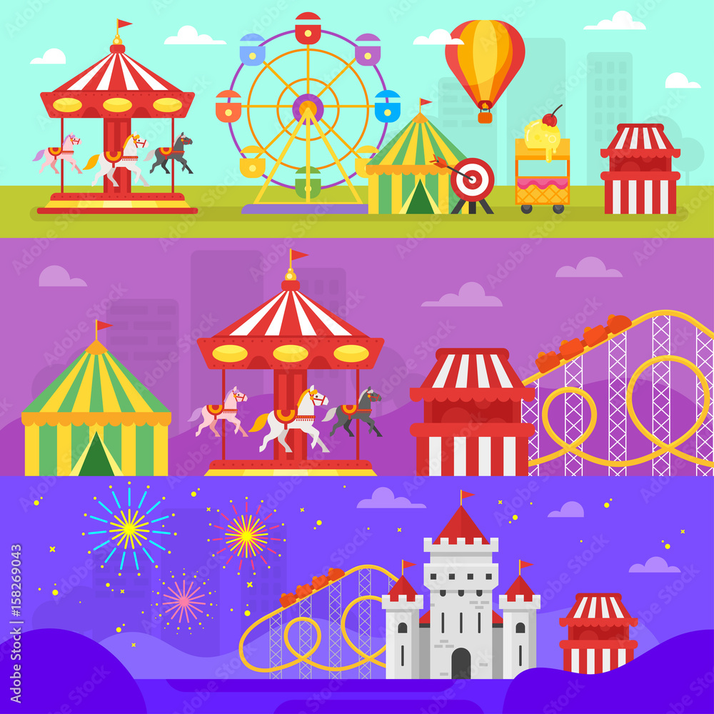 Vector flat style set of amusement park for kids banners Vector flat style set of amusement park for kids banners