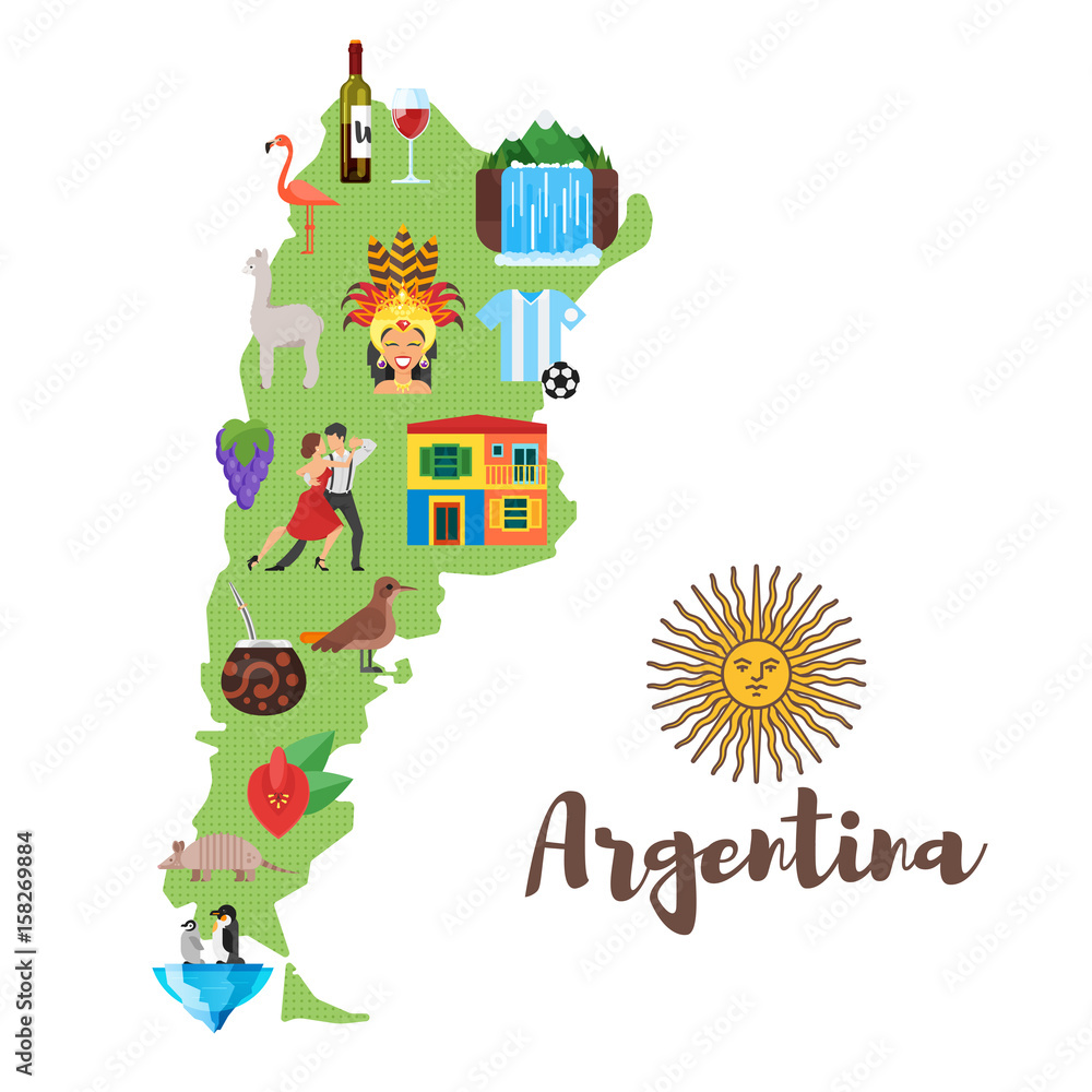 illustration of Argentina map with Argentinian national cultural symbols. 