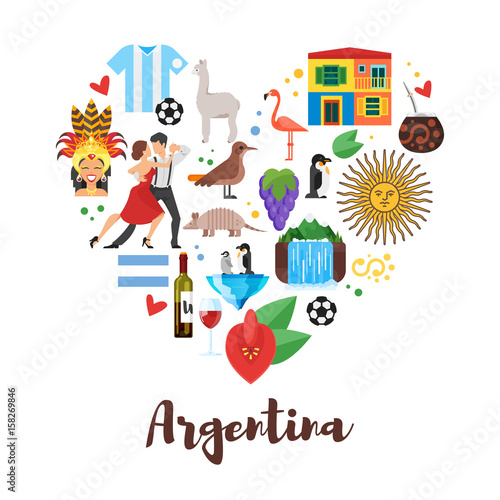  flat style heart shape composition of Argentina national cultural symbols.