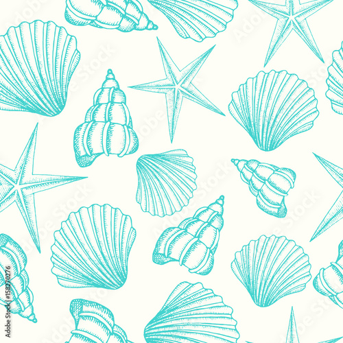 Seamless background with shells. Summer vector design. Seamless pattern can be used for pattern fills, wallpaper, web page background, surface textures.