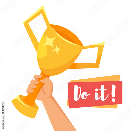 Vector cartoon style illustration of hand holding golden winner cup