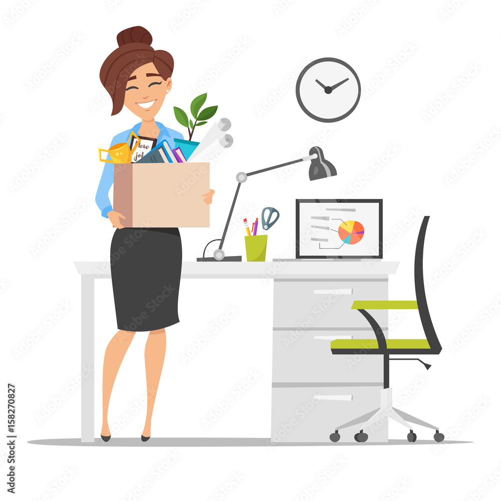 smiling business woman holding cardboard box with work stuff at a new workplace smiling business woman holding cardboard box with work stuff at a new workplace