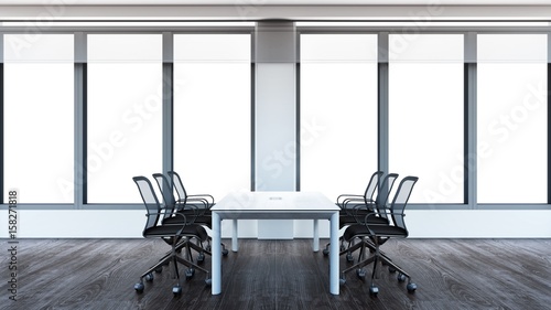 Modern conference room with big windows. Dark wood floor. 3D rendering.