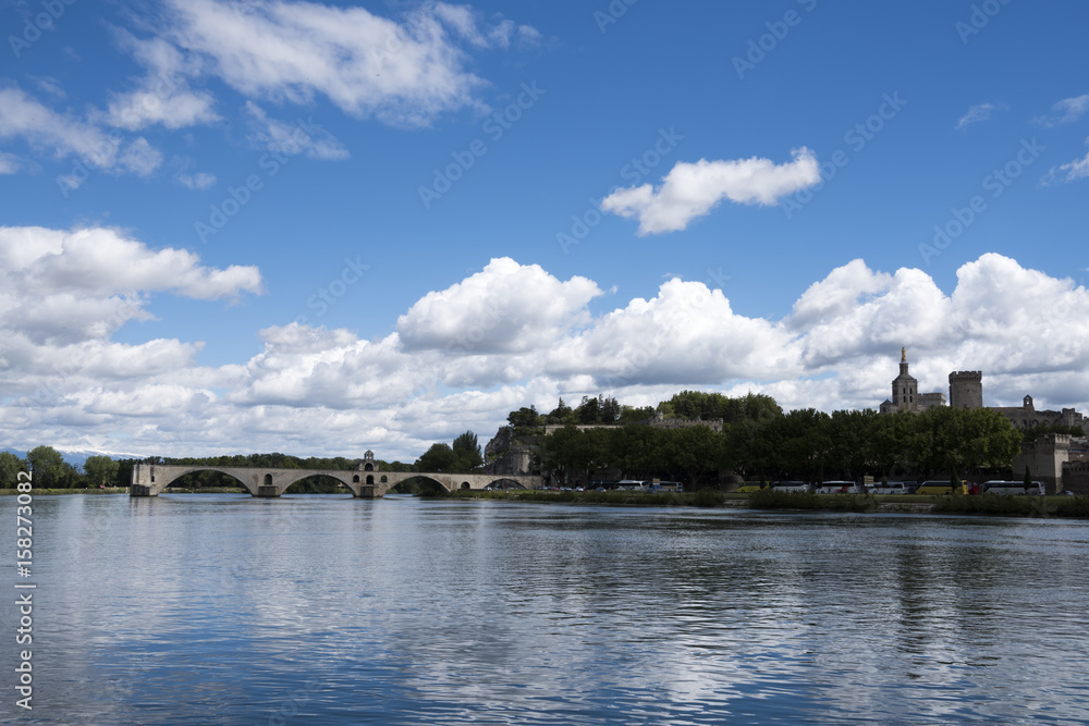 Pont d'Avignon, Rhone river, Palace of Popes - Palais des Papes - in Avignon, France, UNESCO World Heritage Site