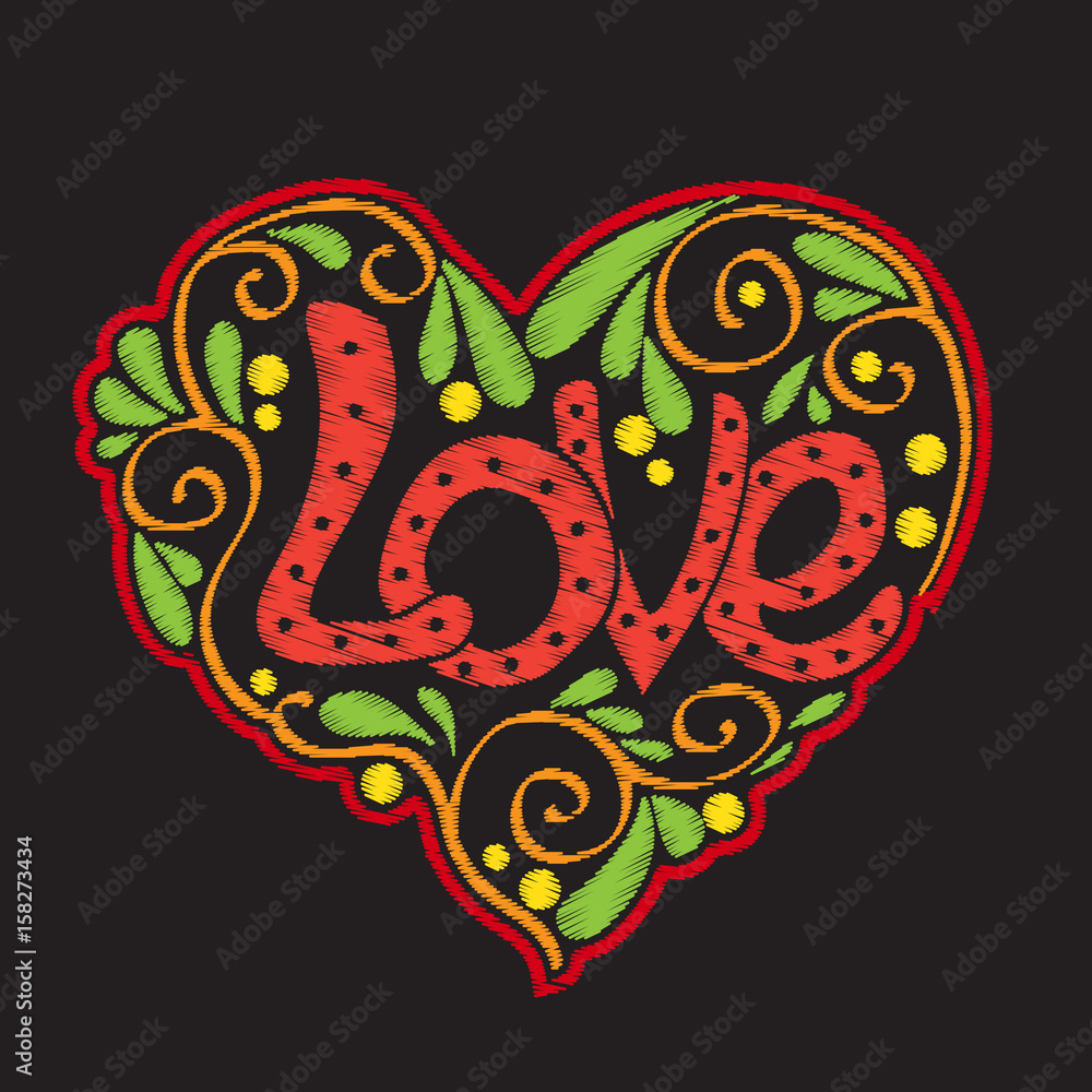 Embroidery with patterned love heart on black background
Stock vector illustration. Embroidery with patterned love heart on black background
Stock vector illustration.