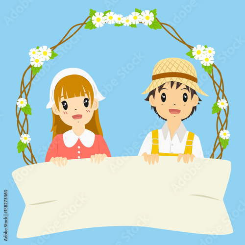 milkmaid and farmer holding a blank banner sheet, with floral wreath background
