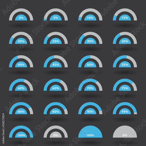 Business infographic icons elements template pie semicircle graph percentage blue chart with step of 5. 0 5 10 15 20 25 30 35 40 45 50 55 60 65 70 75 80 85 90 95 100 % set. Vector illustration.