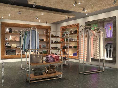 modern store interior with clothes, 3d illustration photo