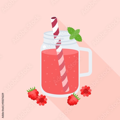 Raspberry juice in mason jar glass and raspberries, flat design