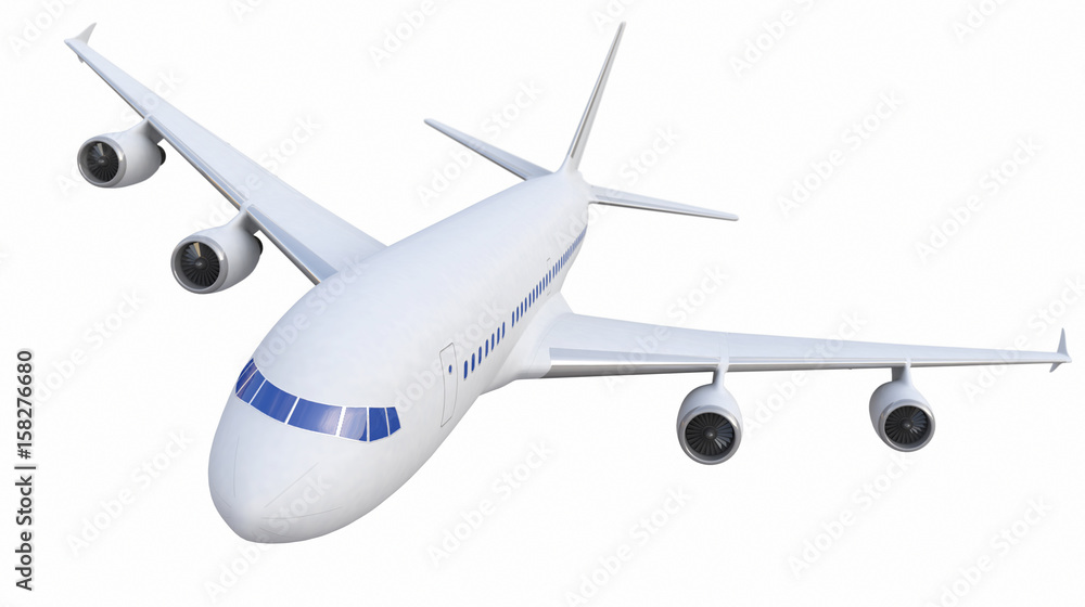White Four-engine Plane,Airplane Isolated On White Background, Jet - 3d Model, Rendering White Four-engine Plane,Airplane Isolated On White Background, Jet - 3d Model, Rendering