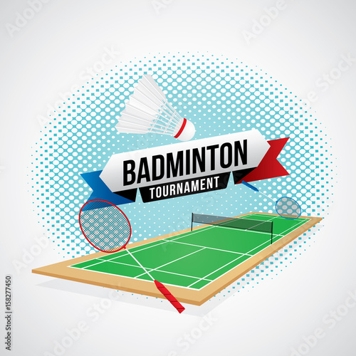 Badminton tournament badge design with racket and shuttlecocks.