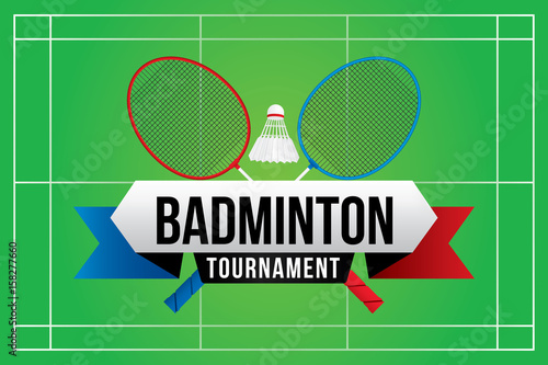 Badminton tournament badge design with racket and shuttlecocks.