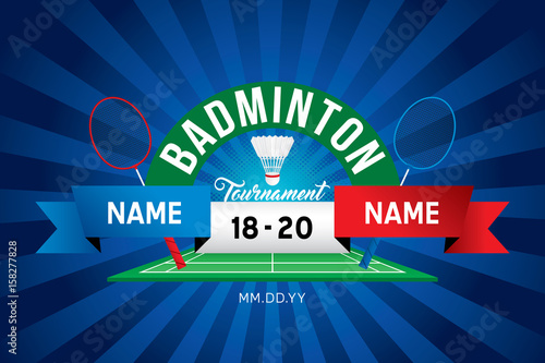 Badminton tournament design with players and scoreboard.