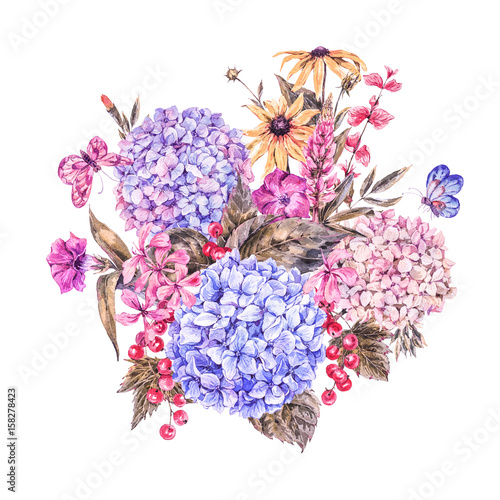 Fototapeta Naklejka Na Ścianę i Meble -  Watercolor Floral Greeting Card with Hydrangea