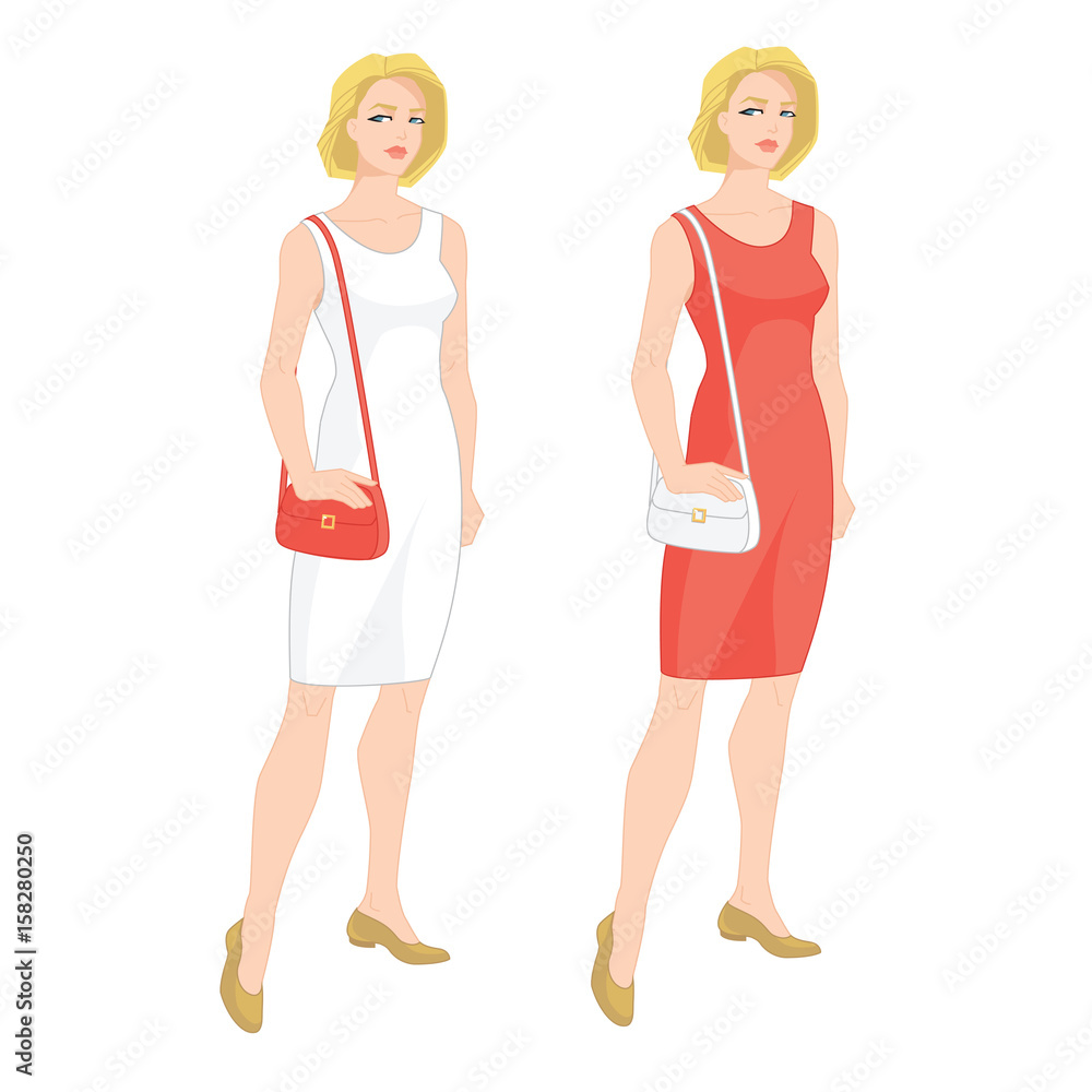 Vector illustration of young blonde woman in cocktail dress with handbag on white background Vector illustration of young blonde woman in cocktail dress with handbag on white background