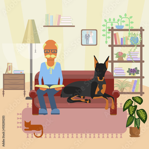 A senior man with dog, sits at sofa and reads a book in his living room. Vector illustration epa 10