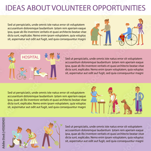 Volunteers characters in flat design. Young people planted plants, trees, helping ill kids and seniors, feeding homeless men. Place for you text. Vector illustration eps 10