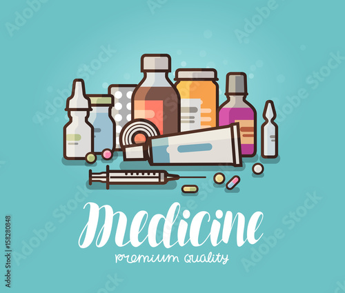 Modern medicine, pharmacy banner. Medication, pills, bottles, pharmaceutics concept. Cartoon vector illustration