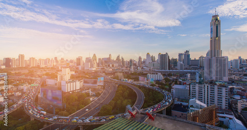 Aerial view city downtown business background with highway intersection, Bangkok Thailand © pranodhm