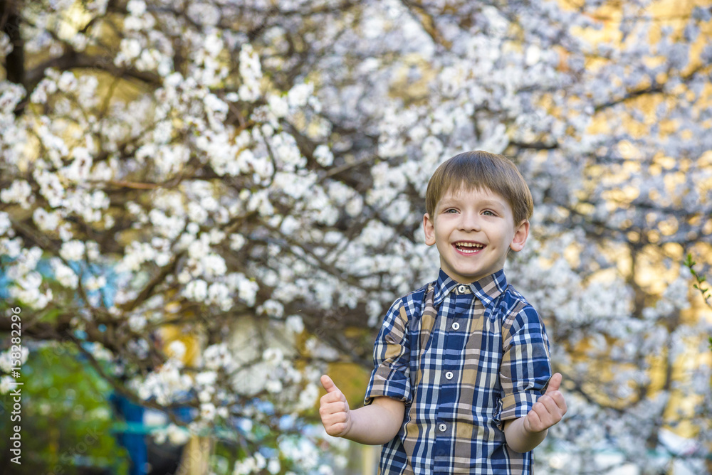 toddler boy in spring time near the blossom tree smiling happy boy toddler boy in spring time near the blossom tree smiling happy boy