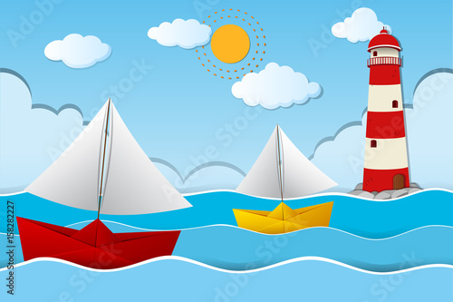 Two paper boats sailing at sea