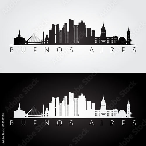 Buenos Aires skyline and landmarks silhouette, black and white design.