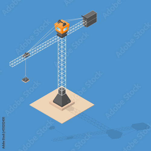Industrial construction crane. Isometric crane with bricks, shadow, standing on sand