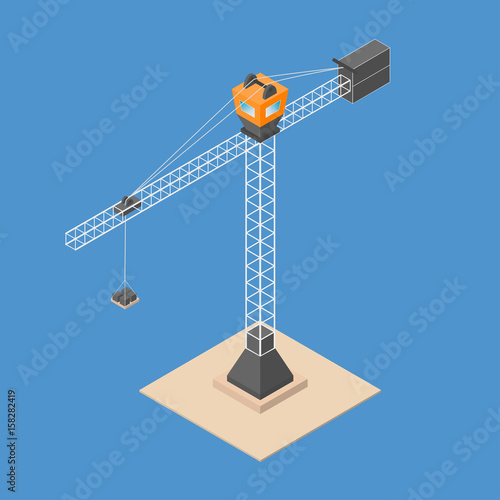 Industrial construction crane. Isometric crane with bricks, standing on sand