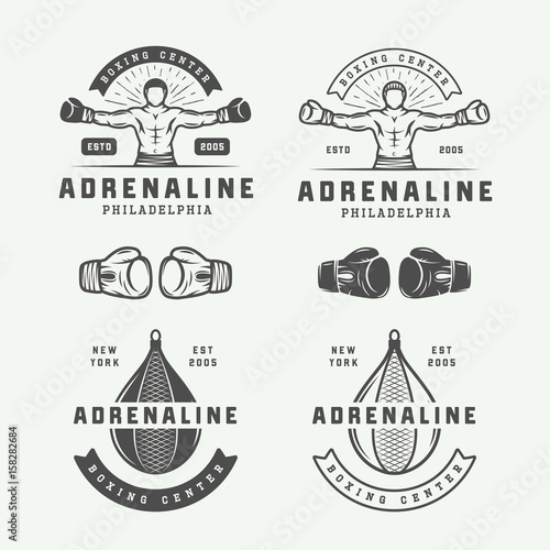 Boxing and martial arts logo badges and labels in vintage style. Vector illustration. Graphic Art.