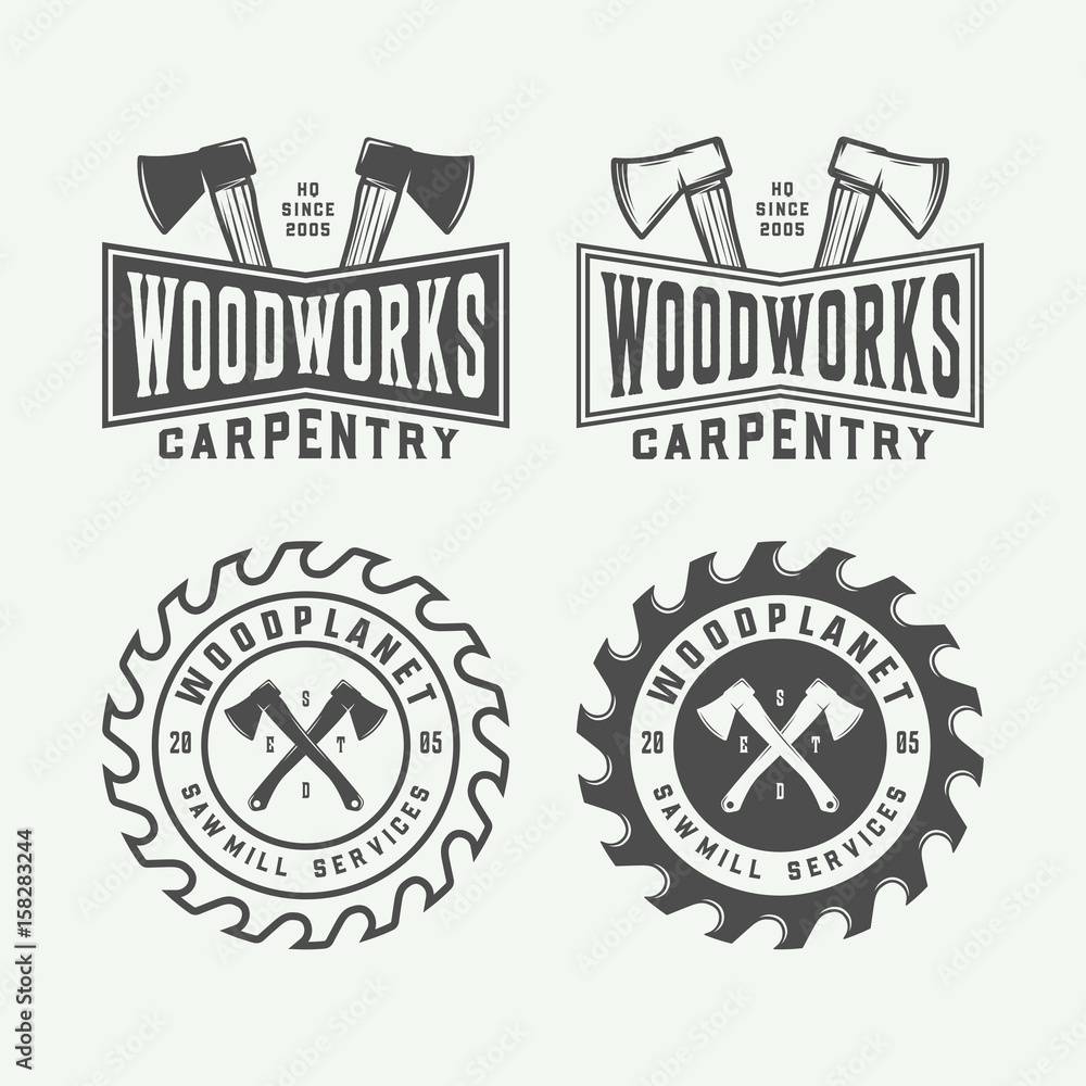 Fototapeta premium Set of vintage carpentry, woodwork and mechanic labels, badges, emblems and logo. Vector illustration. Monochrome Graphic Art.