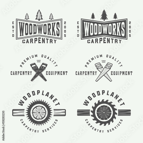 Set of vintage carpentry, woodwork and mechanic labels, badges, emblems and logo. Vector illustration. Monochrome Graphic Art.