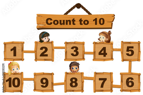 Children and numbers one to ten on wooden boards