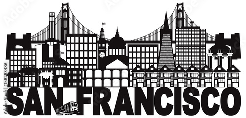 San Francisco Skyline and Text Black and White vector Illustration