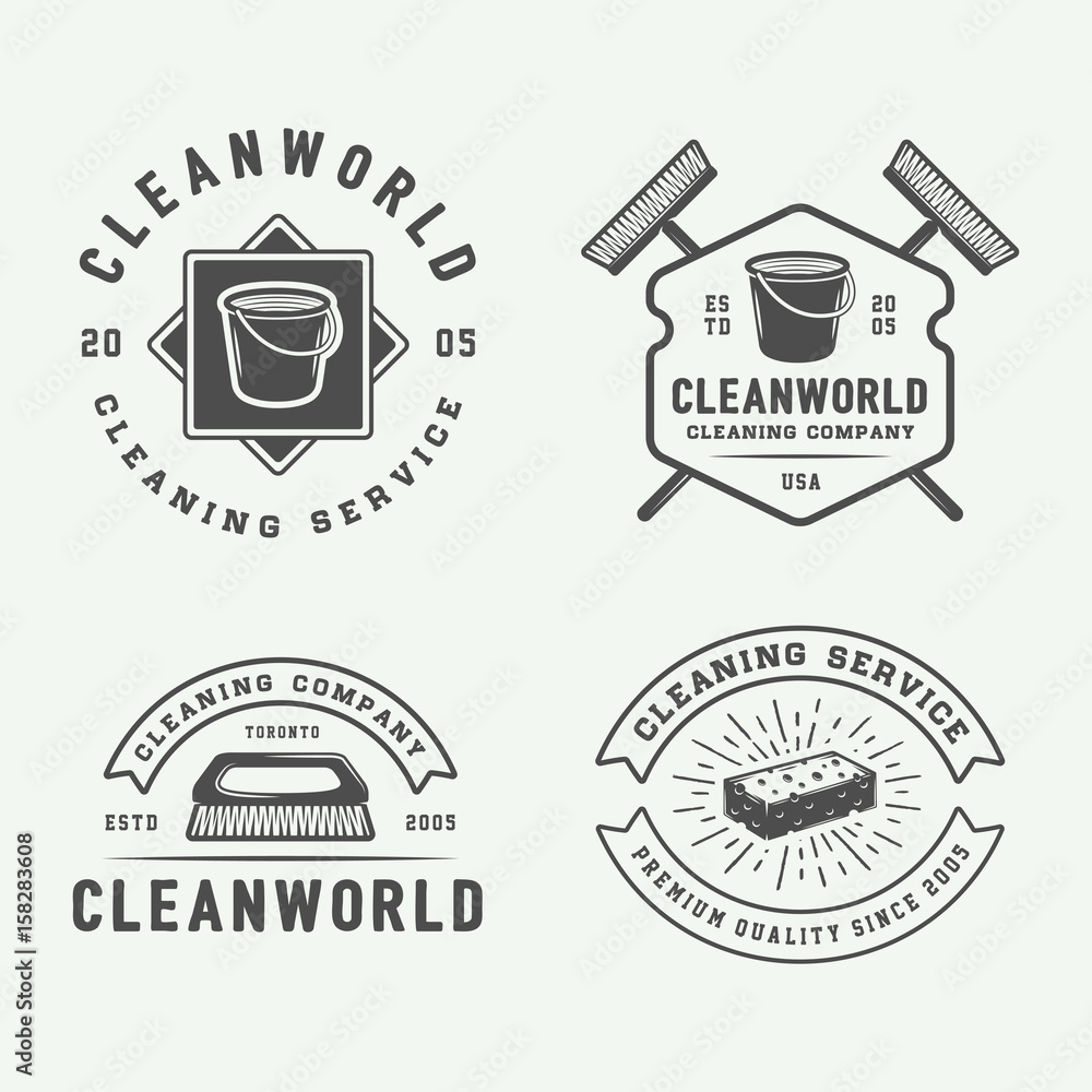 Set of retro cleaning logo badges, emblems and labels in vintage style. Monochrome Graphic Art. Vector Illustration.