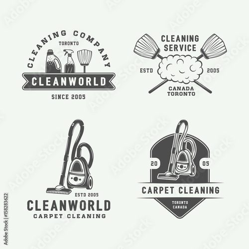 Set of retro cleaning logo badges, emblems and labels in vintage style. Monochrome Graphic Art. Vector Illustration.